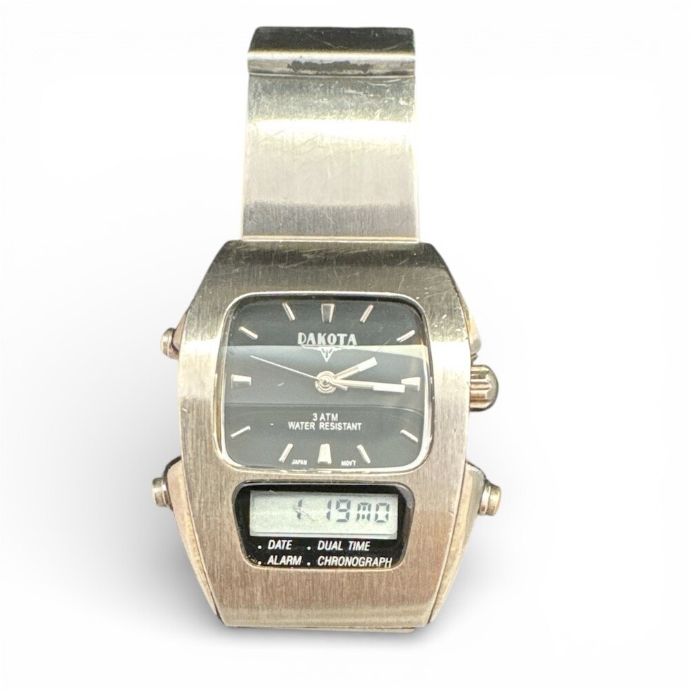 Dakota Ana-Digi Quartz Wristwatch Black Dial Silver Bracelet Dual Time
